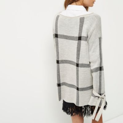 Grey check print knit jumper